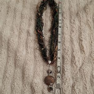 Hand made earth tone sparkle ribbon necklace with silver and stone slide pendant